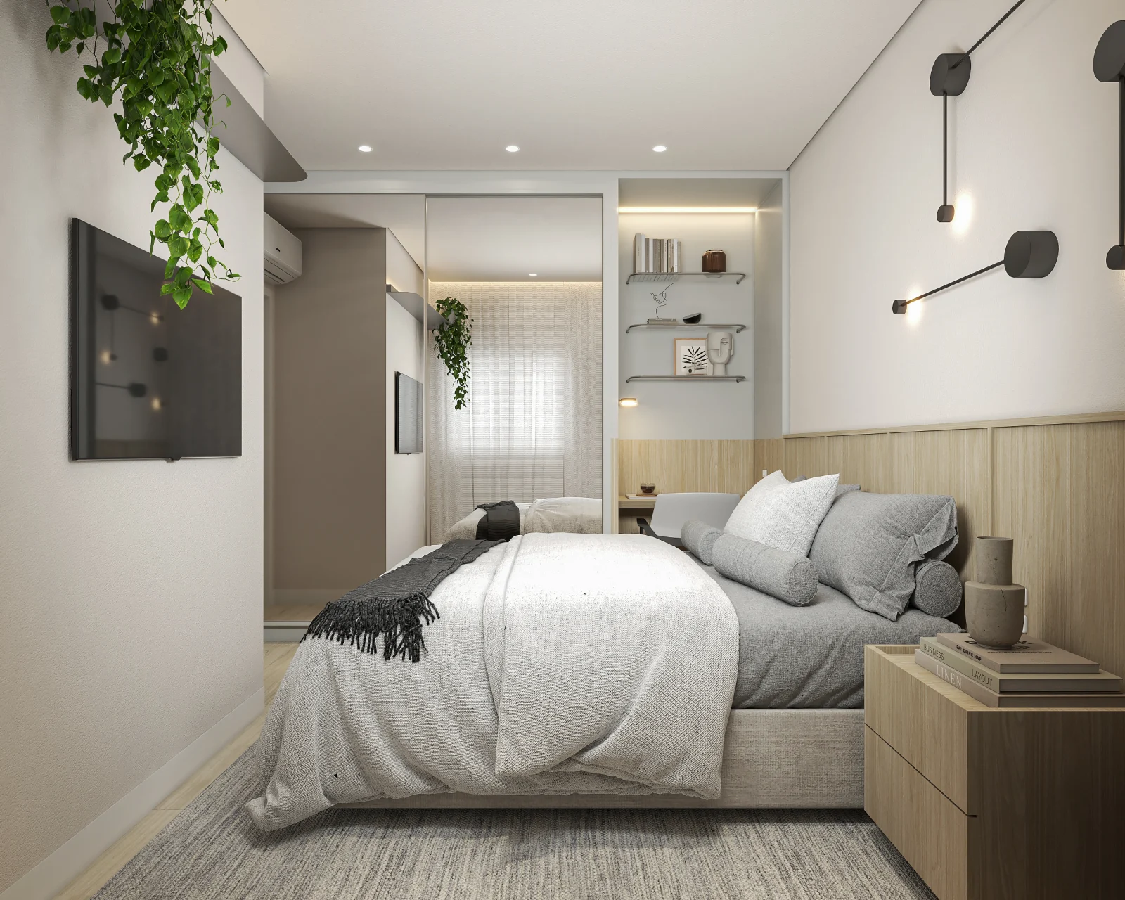 Quarto do Apto Avanti, com paleta neutra e iluminação suave.