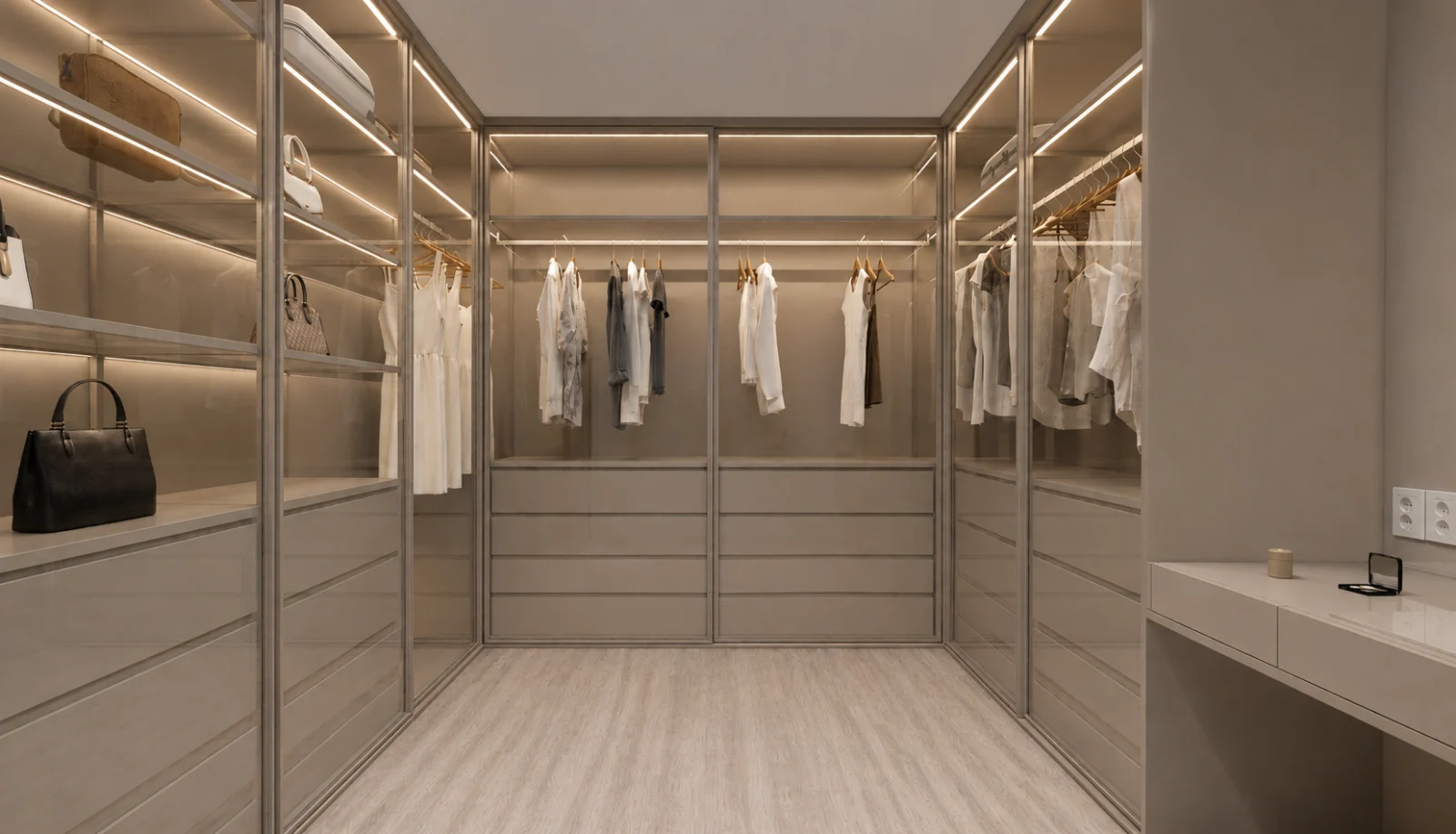 Closet do projeto La Reserve, com portas de vidro e iluminação integrada.