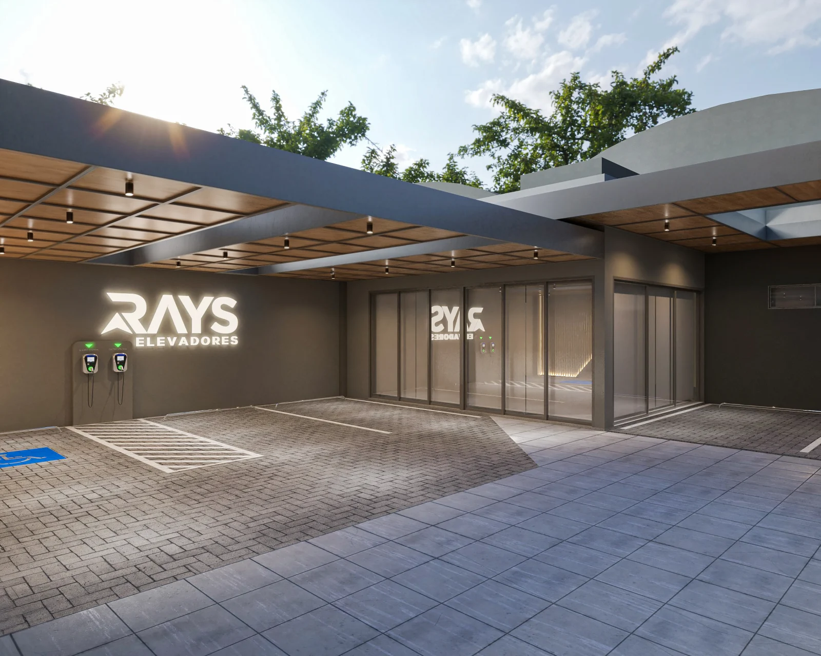Fachada e acesso da Rays Elevadores, com estrutura metálica e identidade da empresa.